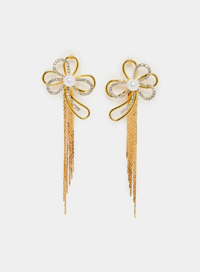 Styli Gold Floral Dangle Earrings with Pearl Detail